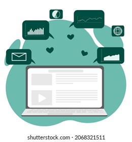 Conceptual template with laptop computer, charts, internet indicators. Online tool or service for social media analytics and SMM. Vector flat illustration
