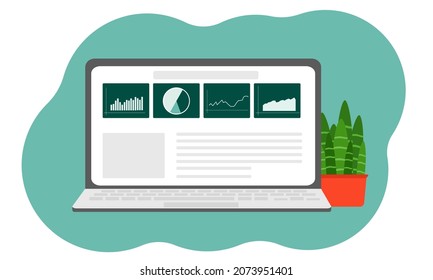 Conceptual template with laptop computer, charts, internet indicators. Online tool or service for social media analytics and SMM. Vector flat illustration