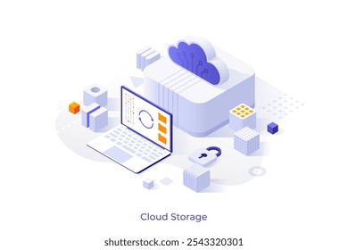 Plantilla conceptual con ordenador portátil conectado a la nube. Escena para el servicio o la tecnología de almacenamiento de archivos en línea, Archivar de datos digital o copia de seguridad. Ilustración vectorial isométrica moderna para el Sitio web.