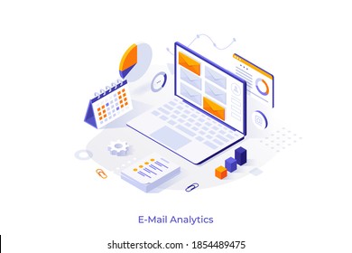 Conceptual template with laptop computer and incoming electronic letters. Concept of online tool or service for email analytics, analyzing internet messages. Modern isometric vector illustration. 