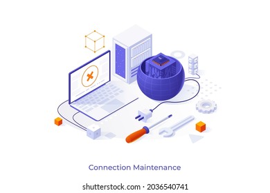 Conceptual Template With Laptop Computer With No Signal Sign, Planet With Plug And Microchip Inside. Scene For Internet Connection Maintenance, Web Network Access. Isometric Vector Illustration.