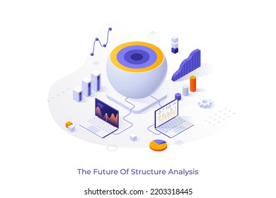 Plantilla conceptual con ordenadores portátiles conectados a la esfera con tapón de corte. Escena para el futuro del análisis de materiales o la investigación, nanotecnología. Ilustración vectorial isométrica moderna para sitio web.