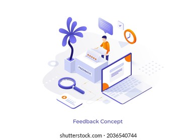 Conceptual template with laptop connected to printer and man printing page with five star rating. Scene for user feedback, positive review, quality rating. Modern isometric vector illustration.