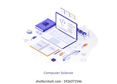 Conceptual Template With Laptop, Microchips, Notebook On Desk. Scene For Learning Computer Science, Programming, Software Development. Isometric Vector Illustration For Online Course Advertisement.