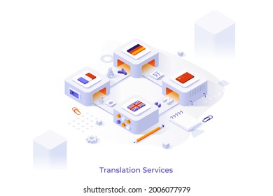 Conceptual template with letters and hieroglyphs on conveyor belt with country flags. Scene for cross-translation services, online foreign language translator. Modern isometric vector illustration.