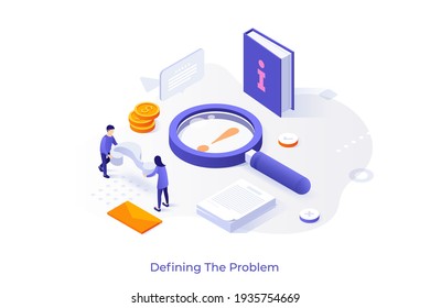 Conceptual template with magnifier, book, people carrying interrogation point. Scene for defining problem to find solution or answer to question. Modern isometric vector illustration for website.