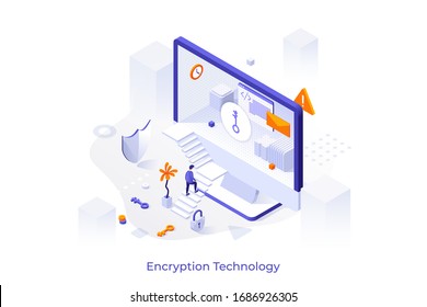 Conceptual template with man ascending stairs to enter computer screen. Encryption technology, access to encrypted data. Isometric vector illustration for information security service advertisement.