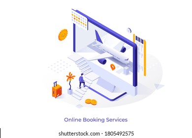 Conceptual template with man ascending stairs and trying to enter computer screen with aircraft inside. Modern isometric vector illustration for flight booking service or airfare search website.