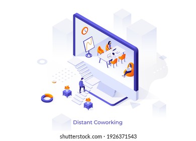 Conceptual template with man ascending stairs and entering computer screen with people working together at office. Scene for distant coworking, remote job. Modern isometric vector illustration.