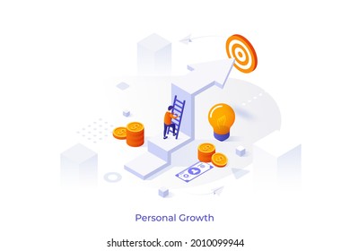 Conceptual template with man ascending steps of arrow pointing at target. Scene for personal growth, professional development, increase in income. Modern isometric vector illustration for webpage.