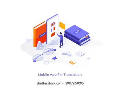 Conceptual template with man choosing foreign language on smartphone. Scene for mobile application for translation, online translator, electronic dictionary. Modern isometric vector illustration.