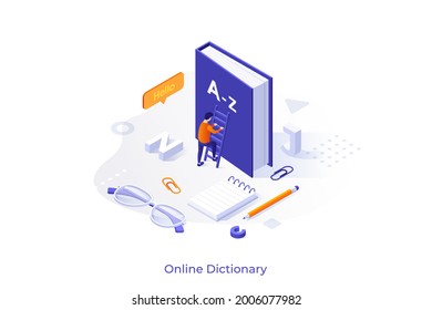 Conceptual template with man climbing up ladder leaning against book. Scene online dictionary service, internet translator, linguistics. Modern isometric vector illustration for webpage.