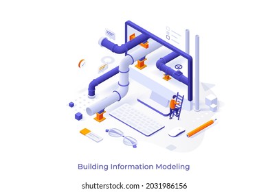 Conceptual template with man climbing ladder to enter computer screen with piping system inside. Scene for pipeline or canalization structure modeling. Isometric vector illustration for website.