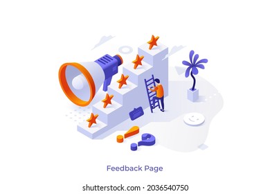 Conceptual template with man climbing ladder, stairs with five stars and megaphone. Scene customer feedback page, quality rating or ranking. Modern isometric vector illustration for website.