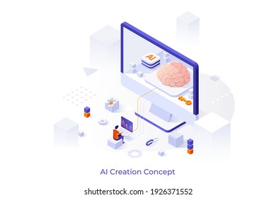 Conceptual template with man creating artificial intelligence on laptop connected to giant computer with brain inside. Scene for AI creation, machine learning. Modern isometric vector illustration.