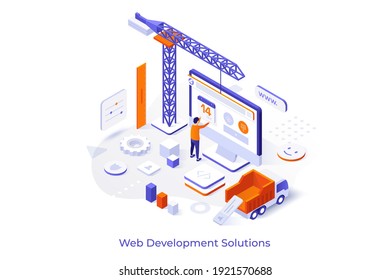 Plantilla conceptual con el hombre creando sitio web en pantalla de computadora y grúa de construcción. Escenario para soluciones de desarrollo web, ingeniería de interfaz de usuario. Ilustración vectorial isométrica moderna.