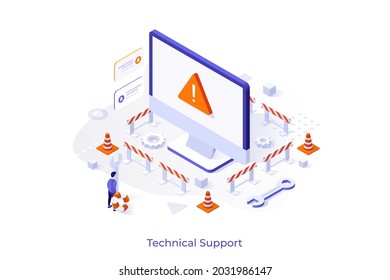 Conceptual template with man looking at computer with warning sign on screen surrounded by safety barriers. Scene for technical support, website maintenance services. Isometric vector illustration.