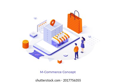 Conceptual template with man looking at paper invoice laying on smartphone. Scene for electronic receipt sent via online mobile application. Modern isometric vector illustration for webpage.