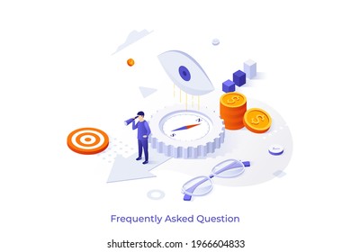 Conceptual template with man looking through spotting scope, compass, glasses and eye. Scene for search for right direction, business vision. Modern isometric vector illustration for website.