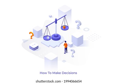 Conceptual Template With Man Looking At Weighing Scale On Human Head. Scene For Decision Making, Choice Between Two Options, Problem Solving. Modern Isometric Vector Illustration For Website.