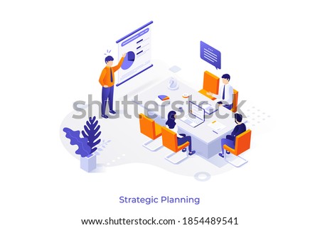 Conceptual template with man making presentation in front of colleagues at office. Scene of whiteboard meeting, business report, public speaking at work. Modern isometric vector illustration.