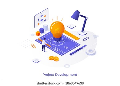 Conceptual template with man with pencil drawing blueprint, glowing lightbulb, diagrams, charts. Scene for innovative startup project development. Modern isometric vector illustration for website.