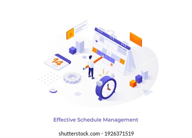 Conceptual template with man with pencil standing at planner and alarm clock. Scene for effective schedule management, appointment planning, work productivity system. Isometric vector illustration.