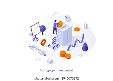 Conceptual template with man putting dollar coin into building money box. Scene for morgage investment, buying home, real estate, property. Modern isometric vector illustration for website, banner.