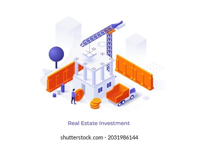 Conceptual template with man putting dollar coin into constructing building. Scene for real estate investment, mortgage, buying under-construction property. Modern isometric vector illustration.