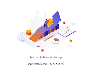 Conceptual template with man rolling dollar coin along ascending arrow graph. Scene for crisis management strategy, rescuing business project. Modern isometric vector illustration for website.