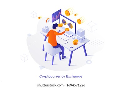 Conceptual template with man sitting at computer and buying bitcoin. Online cryptocurrency exchange service, internet crypto coin marketplace. Isometric vector illustration for website, banner.