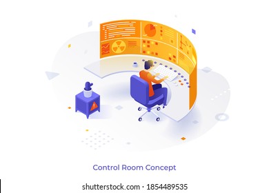 Conceptual template with man sitting at dashboard or control panel and futuristic virtual display. Scene for digital monitoring system of future. Modern isometric vector illustration for website.