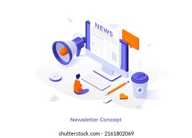 Conceptual Template With Man Sitting In Front Of Computer And Reading News On Screen. Scene For Subscription To Newsletter, Internet Newspaper. Modern Isometric Vector Illustration For Webpage.