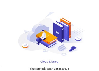 Conceptual template with man sitting on giant books and working on laptop computer. Scene for cloud library, online textbooks storage, internet service for readers. Isometric vector illustration.