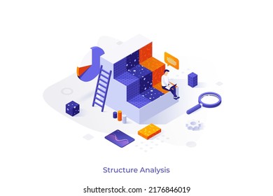 Conceptual Template With Man Sitting On Step Of Layered Chart And Working On Laptop Computer. Scene For Study Of Object Structure And Components. Modern Isometric Vector Illustration For Website.