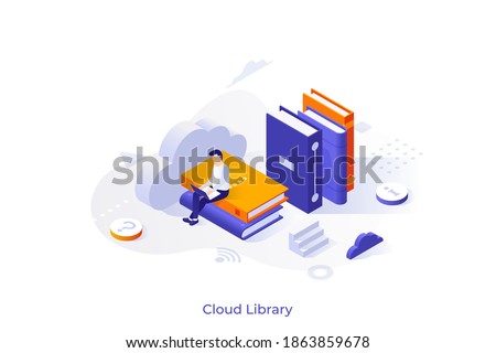 Conceptual template with man sitting on giant books and working on laptop computer. Scene for cloud library, online textbooks storage, internet service for readers. Isometric vector illustration.