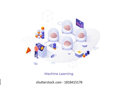 Conceptual template with man standing at control panel and programming brains in glass pods connected into network. Concept of creation of artificial intelligence. Isometric vector illustration.