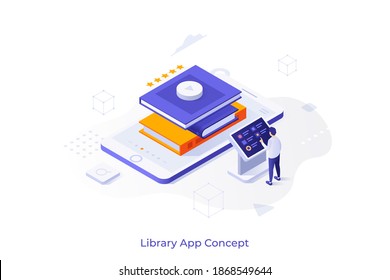 Conceptual template with man standing at control panel and pile of books on smartphone. Scene for mobile application or online service for electronic library. Modern isometric vector illustration.