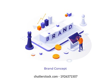 Conceptual Template With Man Standing At Control Panel And Cubes With Letters On Giant Smartphone. Scene For Strategic Brand Management, Branding. Modern Isometric Vector Illustration For Website.