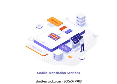 Conceptual Template With Man Standing At Control Panel And Using App On Giant Smartphone To Translate A Word. Scene For Mobile Translation Services. Isometric Vector Illustration For Website.