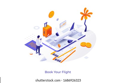 Conceptual template with man standing in front of giant smartphone and buying tickets for travel by aircraft. Modern isometric vector illustration for airline flight booking service advertisement.