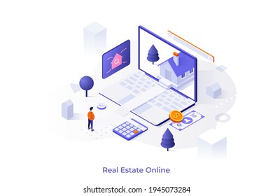 Conceptual template with man standing in front of laptop computer with house on screen. Scene for buying home online, internet aggregator for real estate search. Isometric vector illustration.