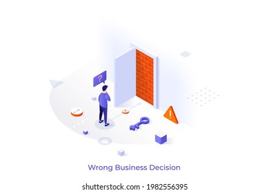 Conceptual template with man standing in front of open entrance door blocked by brick wall. Scene for wrong business decision, mistake, deadlock. Modern isometric vector illustration for website.