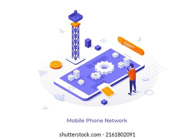 Conceptual Template With Man Standing In Front Of Smartphone, Radio Tower And SIM Card. Scene For Mobile Phone Communication, Cellular Network. Modern Isometric Vector Illustration For Website.