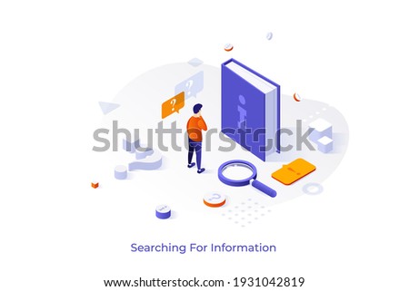 Conceptual template with man standing in front of book and magnifying glass. Scene for search for information, browsing, frequently asked questions. Isometric vector illustration for website.