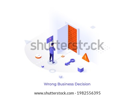 Conceptual template with man standing in front of open entrance door blocked by brick wall. Scene for wrong business decision, mistake, deadlock. Modern isometric vector illustration for website.