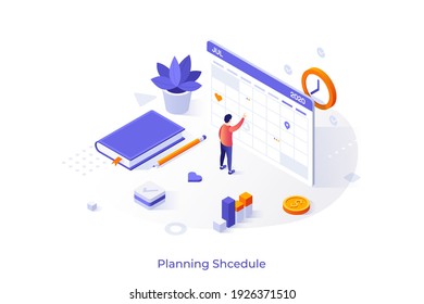 Conceptual template with man standing at giant calendar or planner. Scene for schedule planning, effective time management, work organization system. Isometric vector illustration for website.