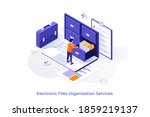 Conceptual template with man standing on laptop computer and opening drawer of storage cabinet full of documents. Scene for electronic file organization service. Isometric vector illustration.
