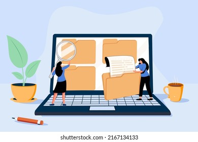 Conceptual template with man standing on laptop computer and opening drawer of storage cabinet full of documents. Scene for electronic file organization service. Isometric vector illustration.