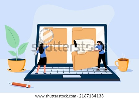 Conceptual template with man standing on laptop computer and opening drawer of storage cabinet full of documents. Scene for electronic file organization service. Isometric vector illustration.